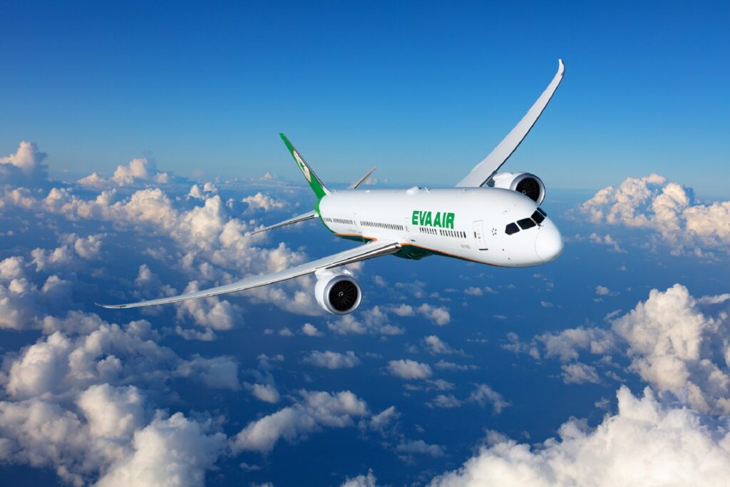EVA Air Boeing 787-10 Dreamliner, photographed over South Carolina on October 2, 2019 by Chad Slattery from Wolfe Air Ldearjet 25B.